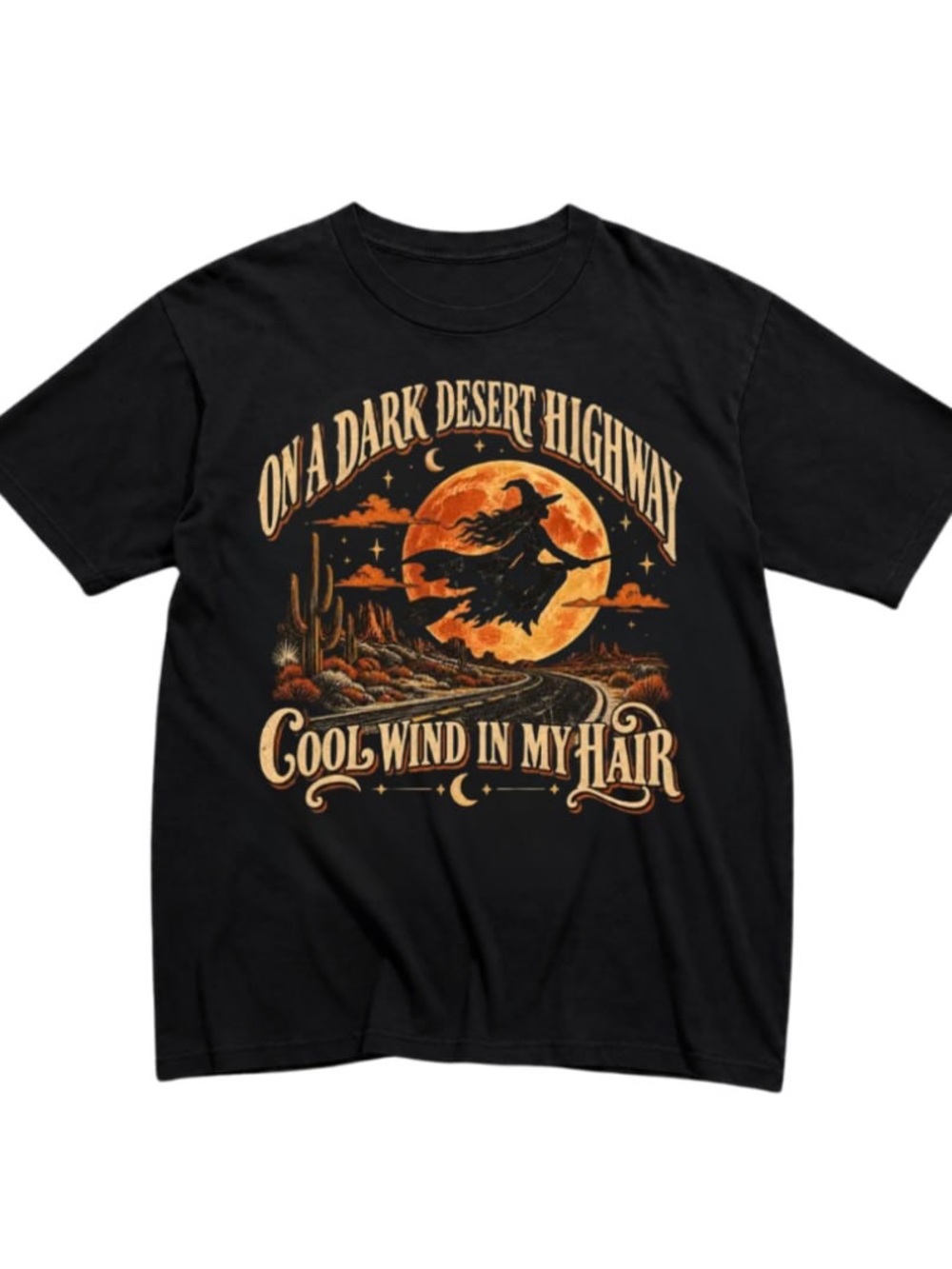 Black Graphic Tee with Orange Desert Moon Artwork